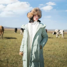 Новая зимняя хлопковая куртка с капюшоном арт ретро тонкий утолщенный двойной молнии длинный пуховик женский