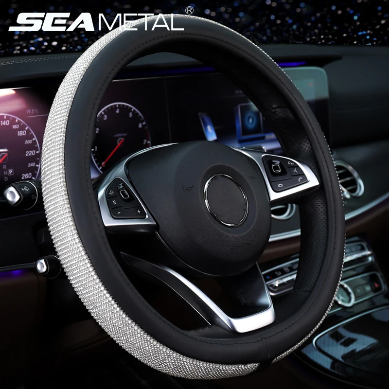 Crystal Rhinestone Car Leather Steering Wheel Covers Cap Auto Car