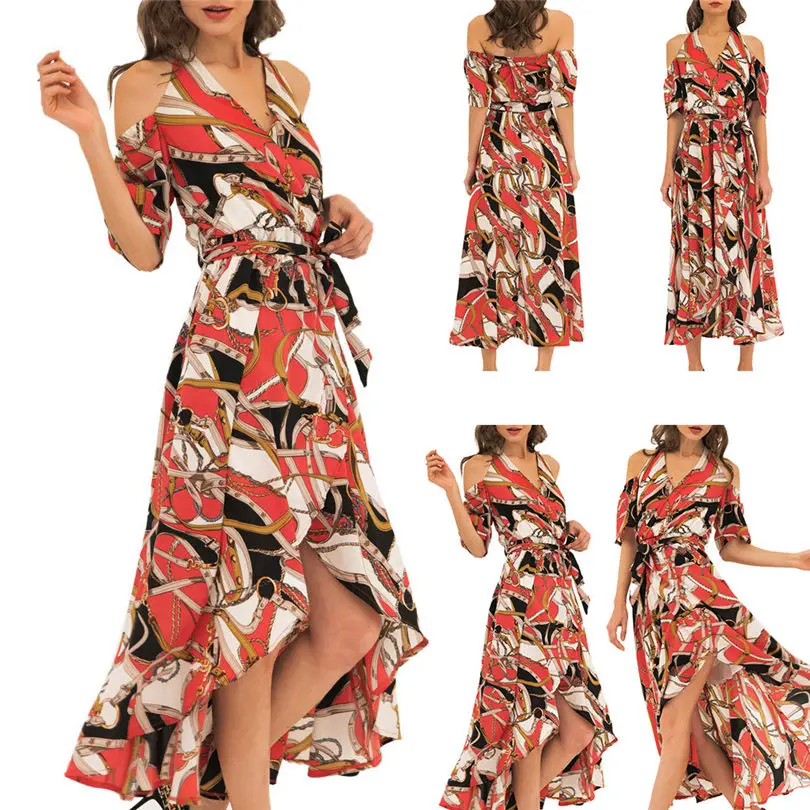  New Fashion Women Summer Lady Elegant Sexy Neck-Tied Bohemian Holiday Dress Chain Flower Casual Daily Beach Long Dress #4F09 (1)