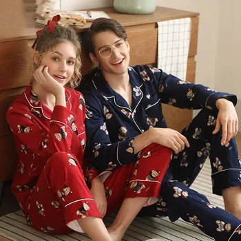 

Womens cotton Pajamas Sets 2019 spring Turn-down Collar Cartoon printing Sleepwear Nighty Female Casual nightwear couple pyjamas