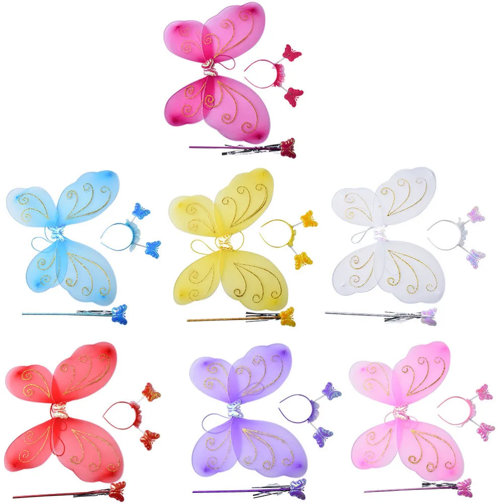 

3Pcs/set Princess Girl Kids Lovely Butterfly Wing Wand Headband Fairy Xmas Costume Set For Party Supplies Multi Colors