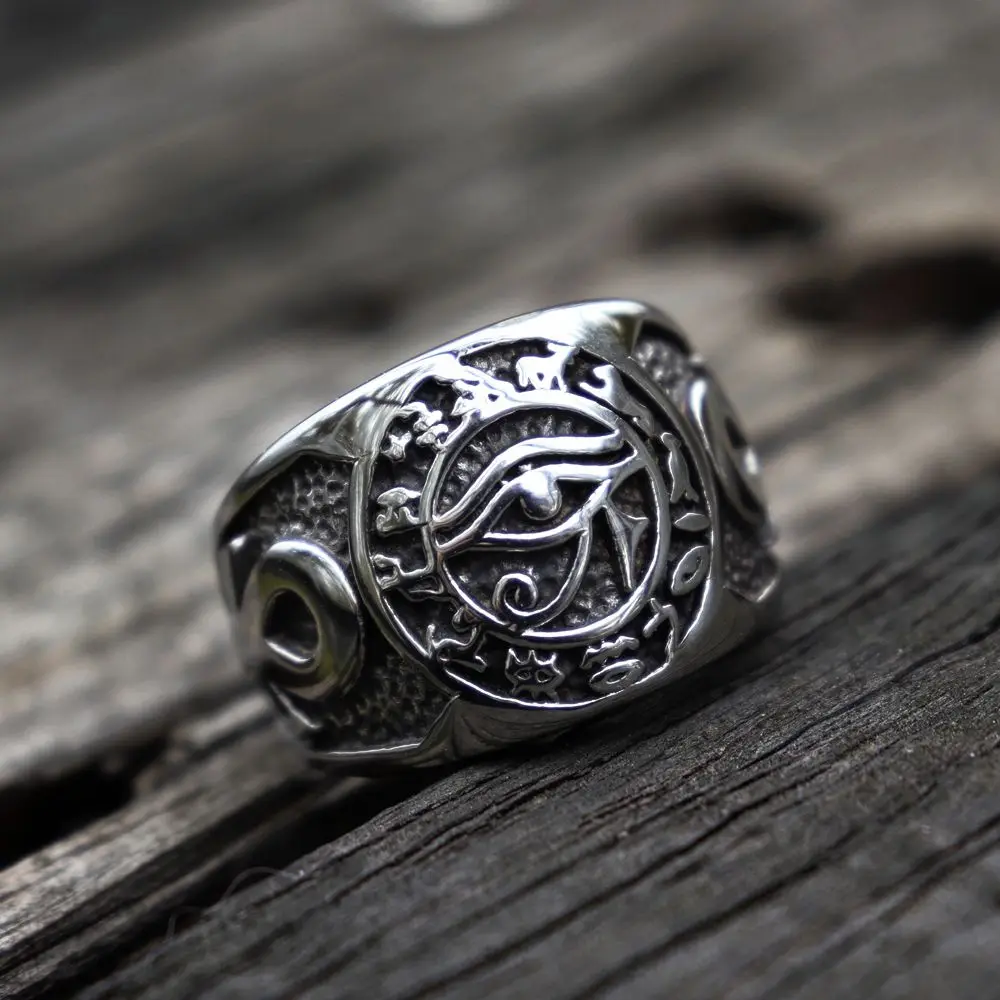 

Egyptian Pharaoh Eye of Horus Rune Amulet Biker Rings Mens Ankh Cross Silver Color 316L Stainless Steel Ring Egypt Jewelry