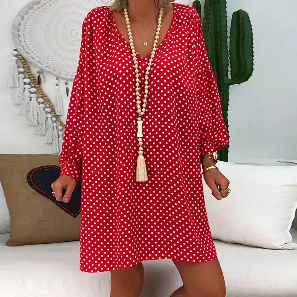 Women Size Loose Polka Dot Long Sleeve V-neck Mini Length Dress plus size dresses for women Dress sukienka robe party dress