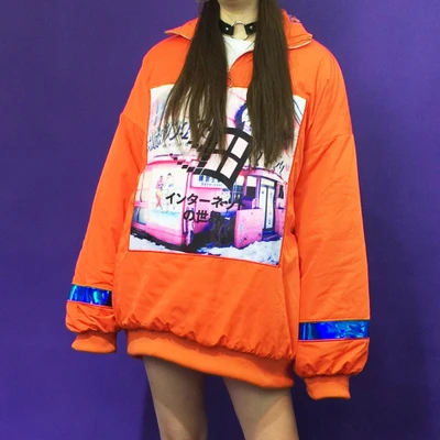 Харадзюку уличный хип-хоп, чистый цвет, карта вышивки, утолщенная хлопковая зимняя женская толстовка, толстовки с капюшоном - Цвет: Оранжевый
