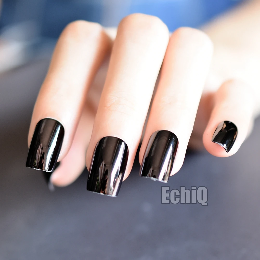 Shiny Dark Metallic Artificial Nail Tips Square Press On Nails Mirror