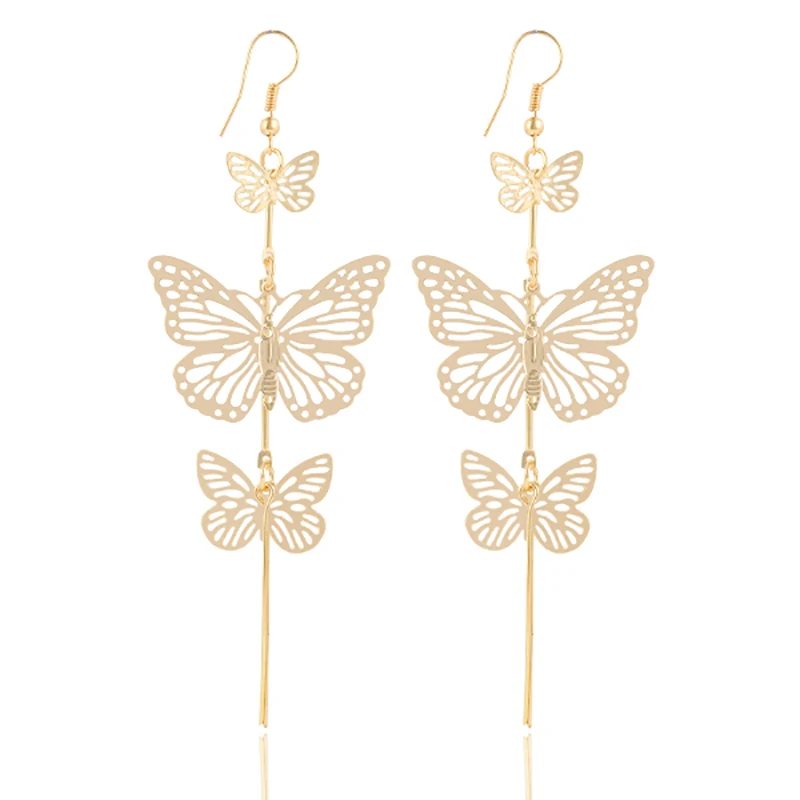 17KM-New-Fashion-Gold-Color-Alloy-Double-bow-Butterfly-drop-earrings-jewelry-Hollow-flower-Long-tassels
