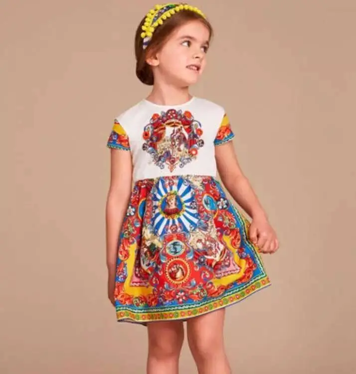 

New 2016 National Wind Girls Summer Princess Dress Girls Coloured Drawing or Pattern Dress Europe and America Brand Dress