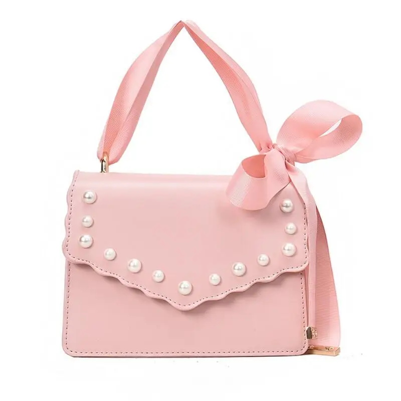 

Kabelky Fashion Girl's Pink Shoulder Bag Pearl Rivets Women Handbag Crossbody Bags Ribbon Bow Ladies White Purse Hand Bags