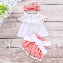 Модные летние хлопковые комплекты для маленьких девочек; Повседневная белая однотонная рубашка без рукавов+ Розовая Повязка на голову и юбка; одежда для маленьких девочек