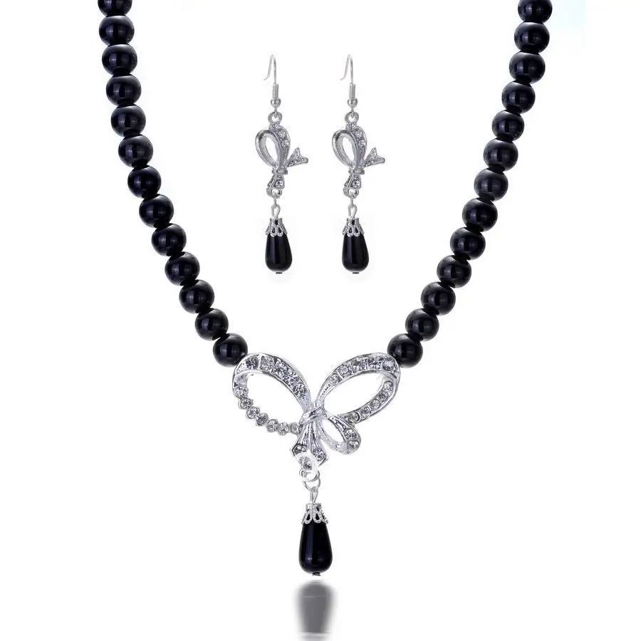 

Black Elegant Ladys' Imitate Pearl Alloy Crystal Bowknot Necklace Earring Set