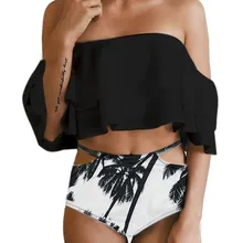 Женский раздельный бикини, однотонный топ с рюшами, с открытыми плечами, с принтом листьев, низ, костюм купальщика, купальник, купальник, плавок, танкини, бикини