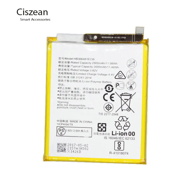 Ciszean 1x3000 мА/ч, Батарея по-настоящему 3000 мА/ч, HB366481ECW Аккумулятор для Huawei P Smart 5," FIG-LX1 FIG-LA1 FIG-LX2 FIG-LX3