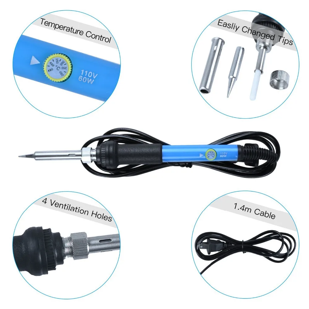EU Plug 60W 220V US Plug 60w 110v Adjustable Temperature Soldering Iron Kit+5 Tips+Desoldering Pump+Soldering Iron Stand+Tweezer