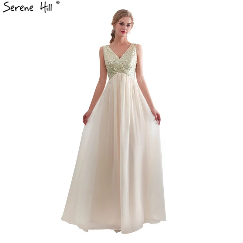 

New Deep-V Sexy Fashion Beach Evening Dresses 2019 Sleeveless Sequined Simple Chiffon Evening Gown Serene Hill 15667