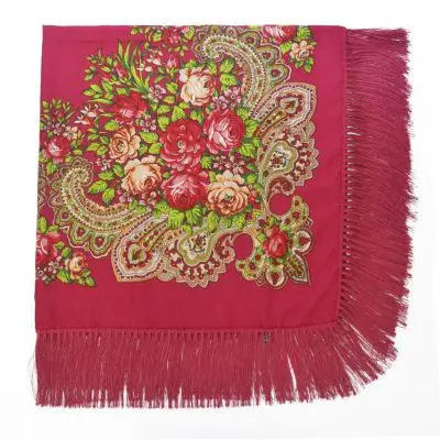Большой размер, 135x135 см, женский шарф, шарфы, бахрома, длинные, пашмины, хлопковые шали, Осень-зима, теплые, Mujer Bufanda, с цветочным принтом, глушитель - Цвет: Розово-красный