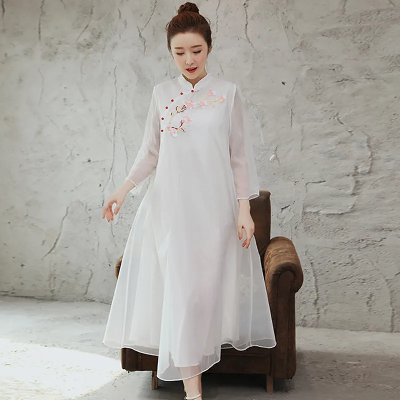 white Uego Новое поступление модное китайское стильное платье Cheongsam хлопковое льняное весеннее летнее платье халаты с вышивкой женское Повседневное платье - Цвет: white