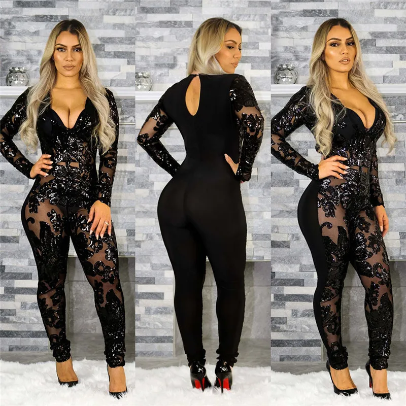 See Through Black Sequin Jumpsuit Women Long Sleeve Sparkly Bodycon Jumpsuits Sexy Rompers