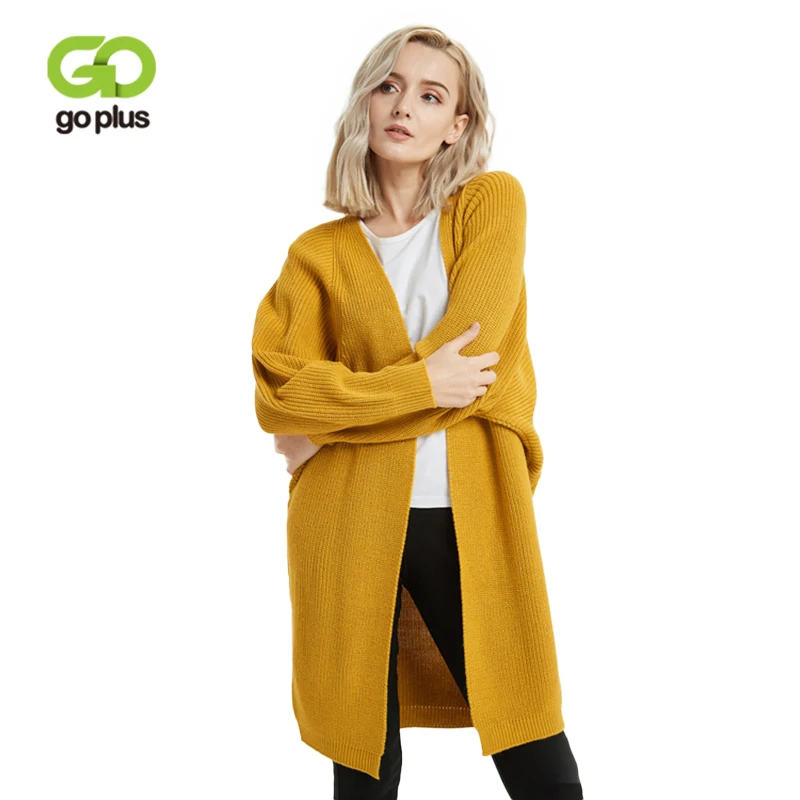 GOPLUS 2019 Autumn Winter Batwing Sleeve Knitted Sweater Cardigans Coat Women Long V-Neck Sweaters Office Ladies Yellow Outwear |