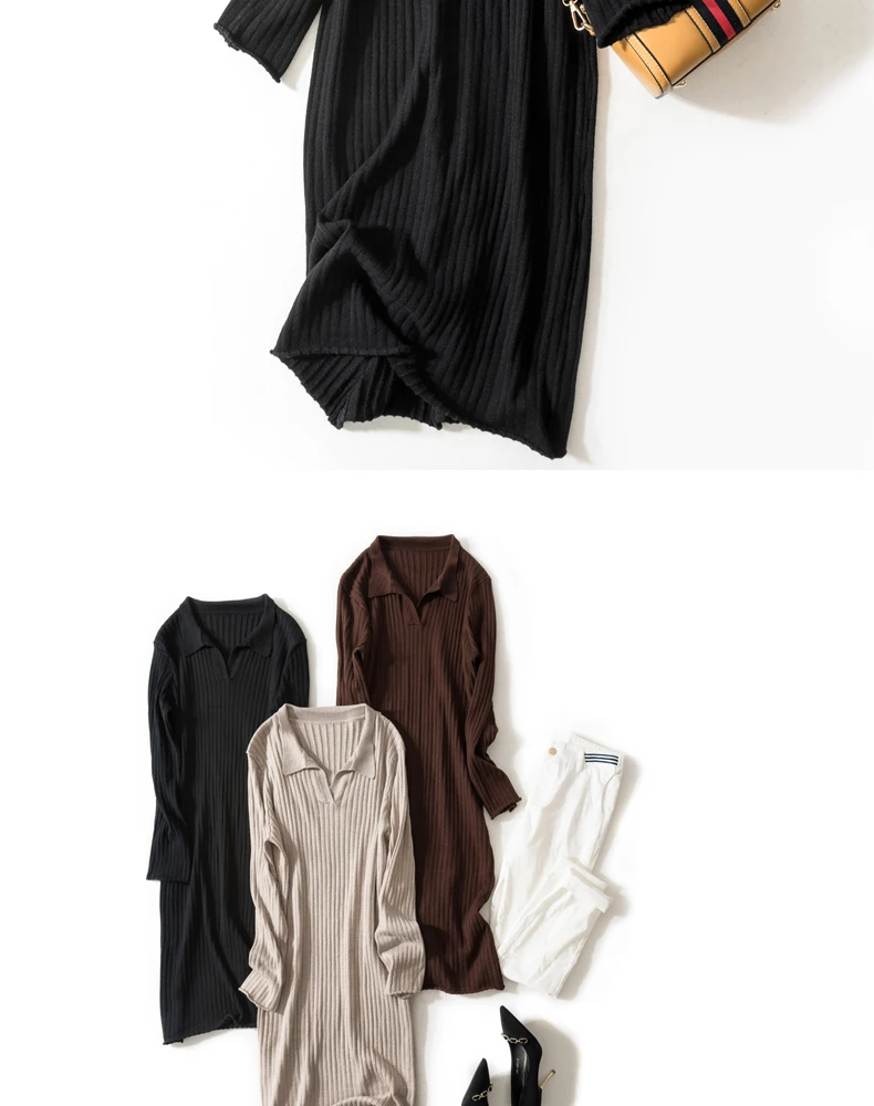 Высококлассное Новое кашемировое длинное платье-свитер, женские свободные вязаные шерстяные платья, женские модные однотонные пуловеры с v-образным вырезом