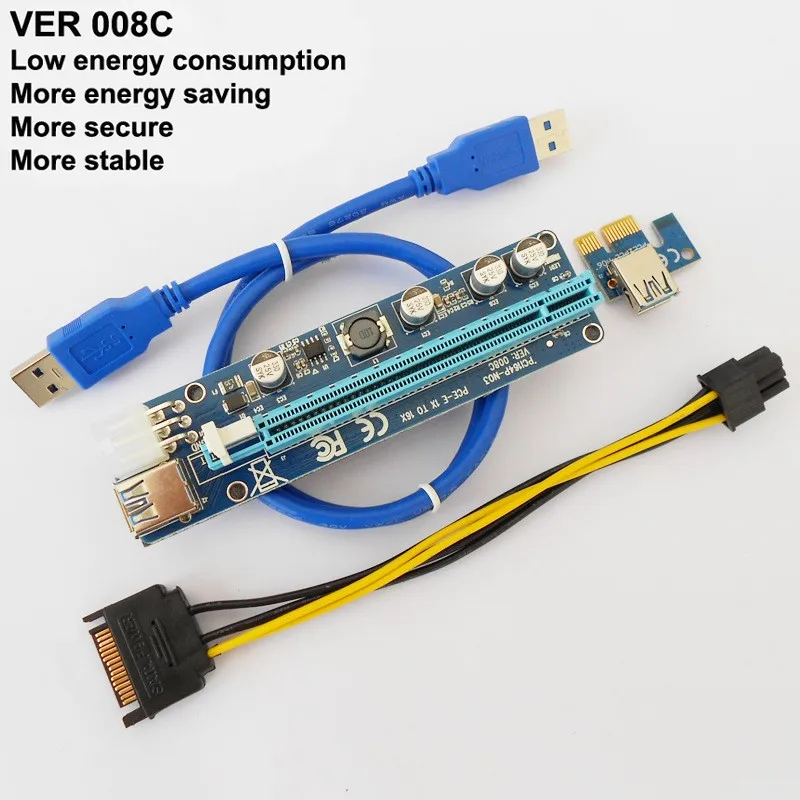 Обновленное издание VER008C Райзер PCI-E 1x к 16x Riser Card светодиодный USB 3,0 PCI-E 6pin Мощность для BTC Asic Bitcoin Шахтер Antminer добыча