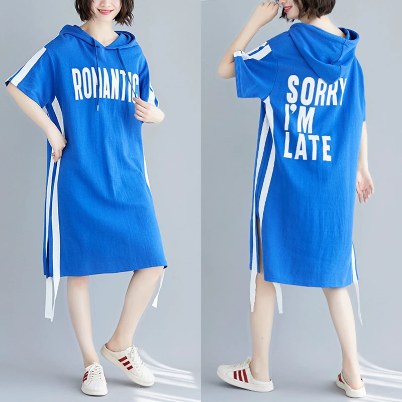 

HAYBLST Brand Women Hooded Dress 2019 New Summer Fashion Letter Patchwork Striped Clothing Plus Size2XL Loose Korean Women Dress