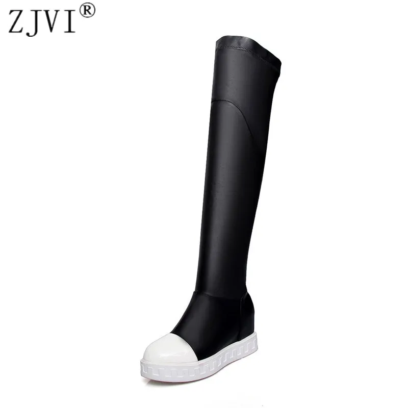 

2015 new ladies sexy stretch PU winter shoe woman over the knee boot women black platform shoes thigh high long boots flat flats