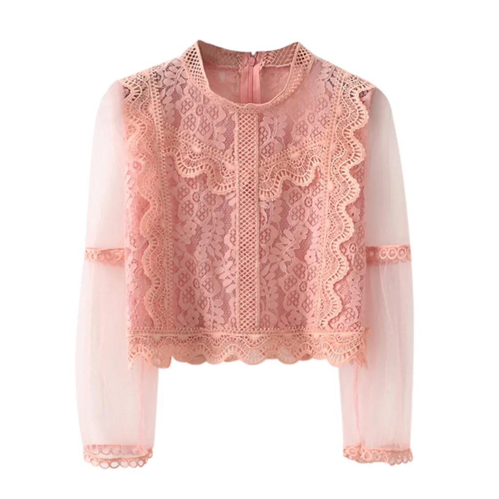 Lace Tops 2019 Women Summer Sexy Lace Floral Long Sleeve See Through Short Top Blouse