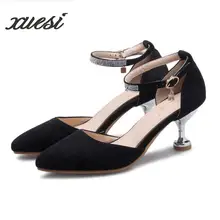 Fashion New Black Suede High Heels Shoes Fine With Diamond Shoes Single Hand Buckle Head Pointed Shoes Women Shoes High Heel
