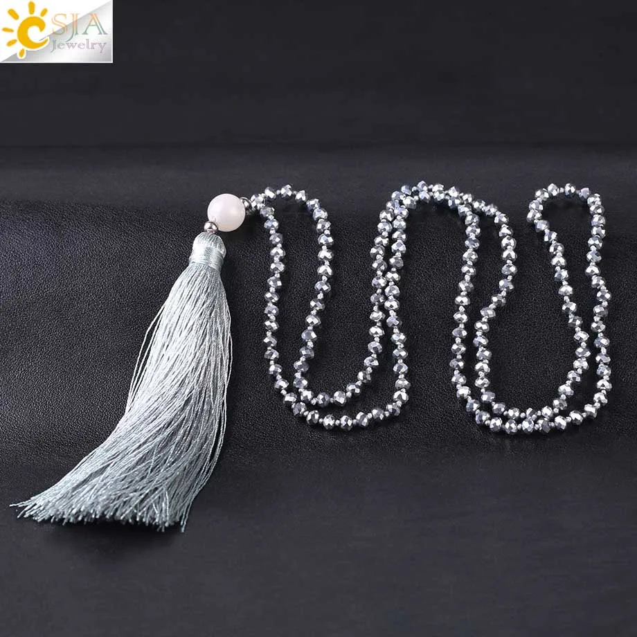 

CSJA Silver Color Tassel Necklace Silk Tassels Glass Beads Crystal Necklaces Boho Cut Faceted Bead Charm Jewelry for Women F420