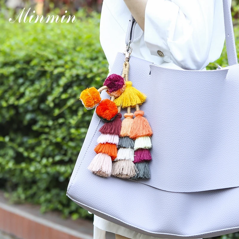 

Minmin Bohemian Multi-layer Pompom Tassel Keychains 2019 Statement Women Bag Charm Keys Accessories Fashion Jewelry Female KC001