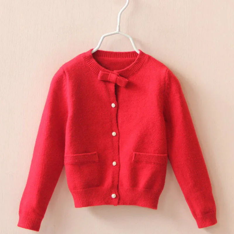 Осенний свитер для девочек, фиолетовый, красный, серый, милый кардиган для маленьких девочек, теплое однотонное хлопковое пальто с бантом для детей 2-8 лет
