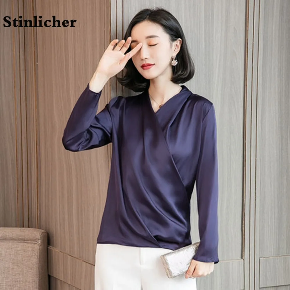 

Spring Fashion Female Casual Elegant V-Neck Solid Chiffon Blouse Women Silk Satin Shirts Office Lady Career Blusa Pullover tops