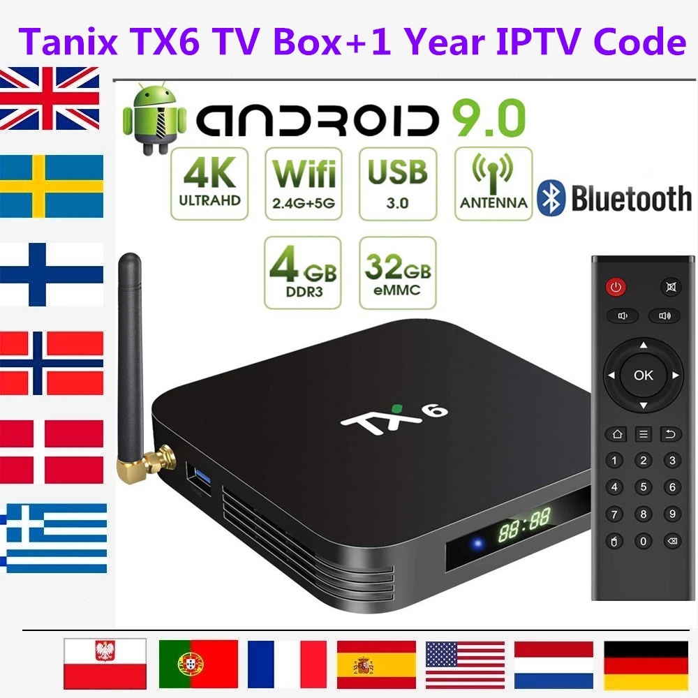 Tanix TX6 ТВ Box Smart Android 9,0 IP ТВ 1 год для взрослых IP ТВ подписки Португалия Италия Испании Франции Арабский ip ТВ 4K Декодер каналов кабельного