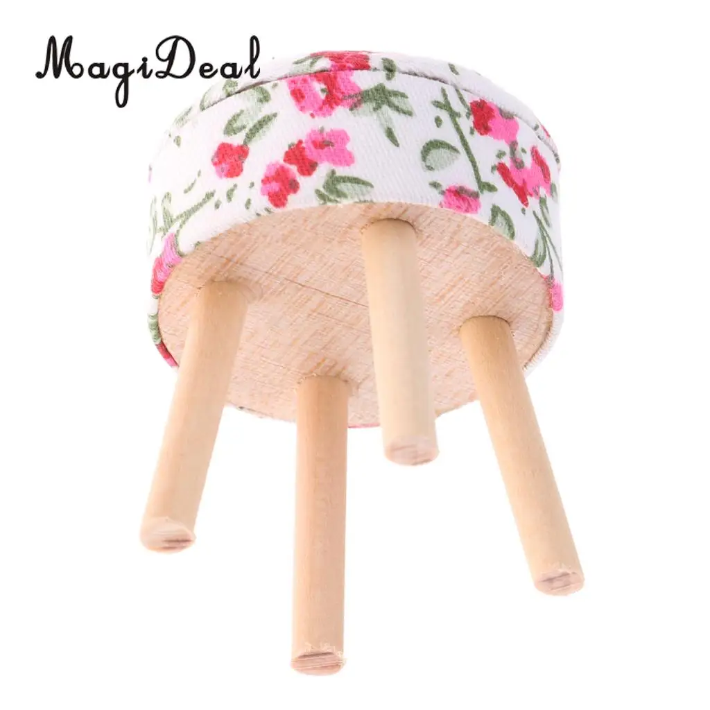 MagiDeal 1/12 Scale Dollhouse Miniature Furniture Round Floral Stool Chair for Dolls House Bedroom Decoration Children Toy