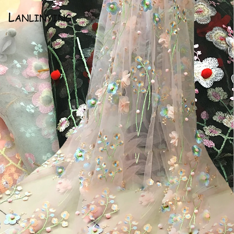 

Small Fresh Soft Mesh 3D Flower Embroidered Lace Fabric Beaded Hair Ball For Clothing Decoration Woman Dress Curtain Fabric D643