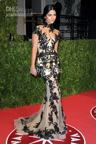 

free shipping 2013 vestido Custom Camila Alves Attends the Oscar After-Party High Collar Lace Applique champagne Celebrity dress
