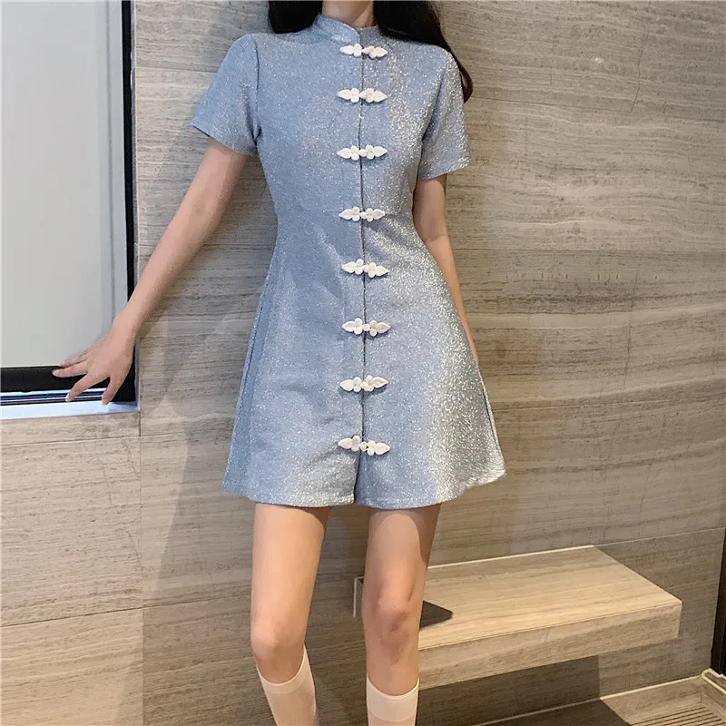 

Cheongsam Button Turtleneck Short Sleeve Slim Elegant High Waist Mini Dress Glitter Vintage Korean Japan Women Sexy Cute Lolita