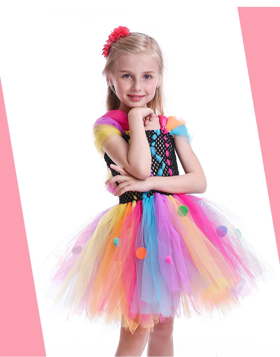 Funky Coloured Clown Style Girls Tutu Dress Circle Embellished Children Tulle Dress for Halloween Parties Role Play Fancy Dress (2)