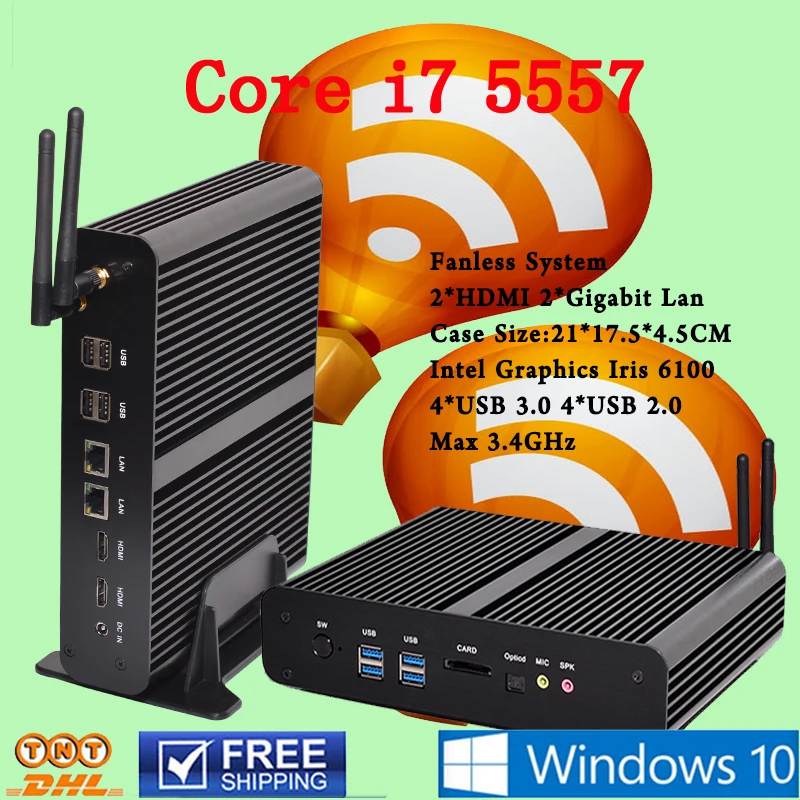 Fanless Mini PC Linux Windows 10 Broadwell Intel Core i7 5557U Max 3 4GHz Graphics Iris