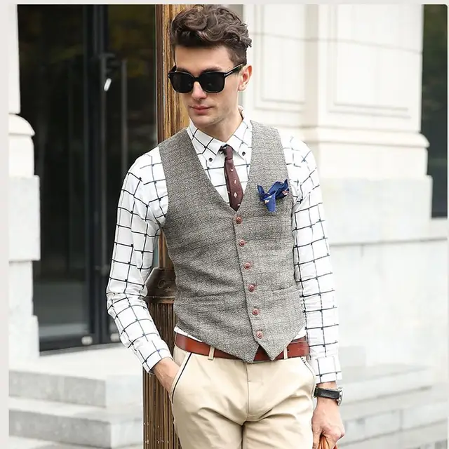 SHOWERSMILE Plaid Suit Vest Men Jacket Sleeveless Gilet Classic Tweed ...