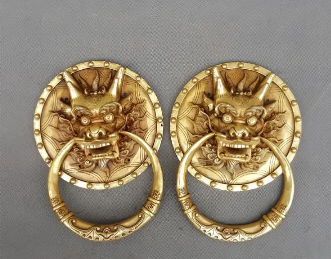 

Rare pure bronze lion sculpture,antique door handle,Kirin carved tiger head door ring free shipping