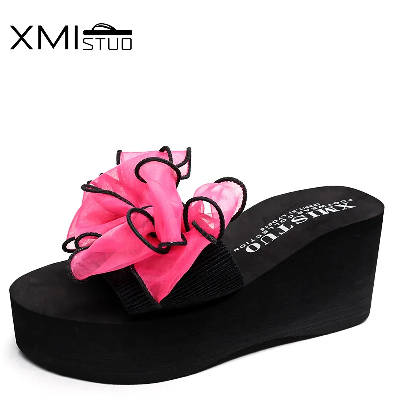 

XMISTUO Large size Stretch fabric Non-slip Open Toe Slippers with Bow Sandals Home 7CM High Heels Beach Wedges Sandals Slippers