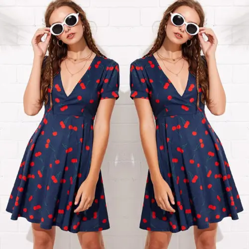 

2018 Women's Summer Boho Mini Dress Floral Sundress Printed Puff Sleeve V-neck Wrapped Cherry Dress