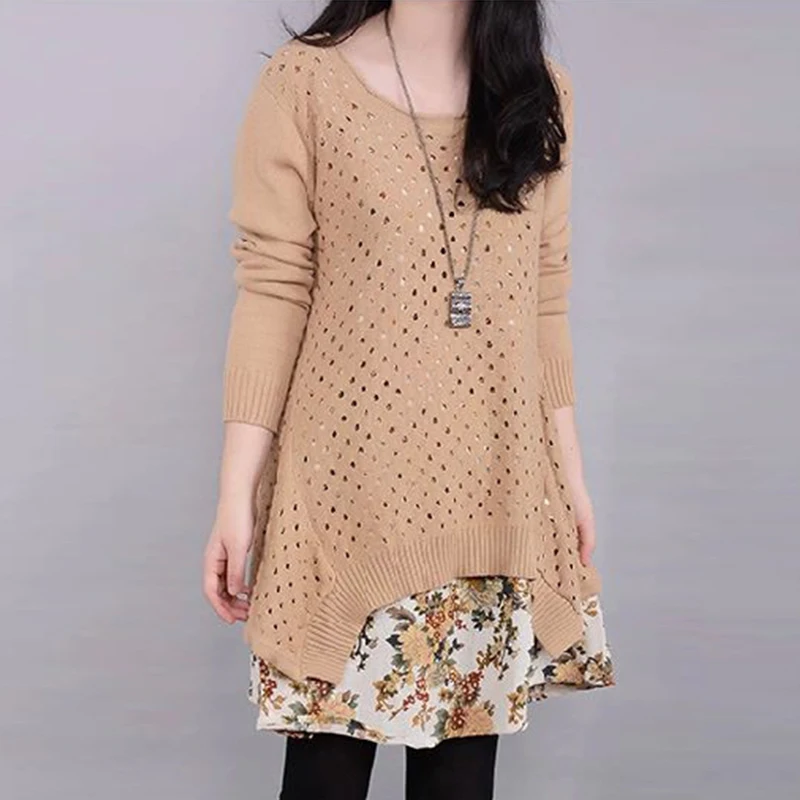 Autumn Winter Women's Long sleeve Knitted Floral Dress Loose Casual Party Dress