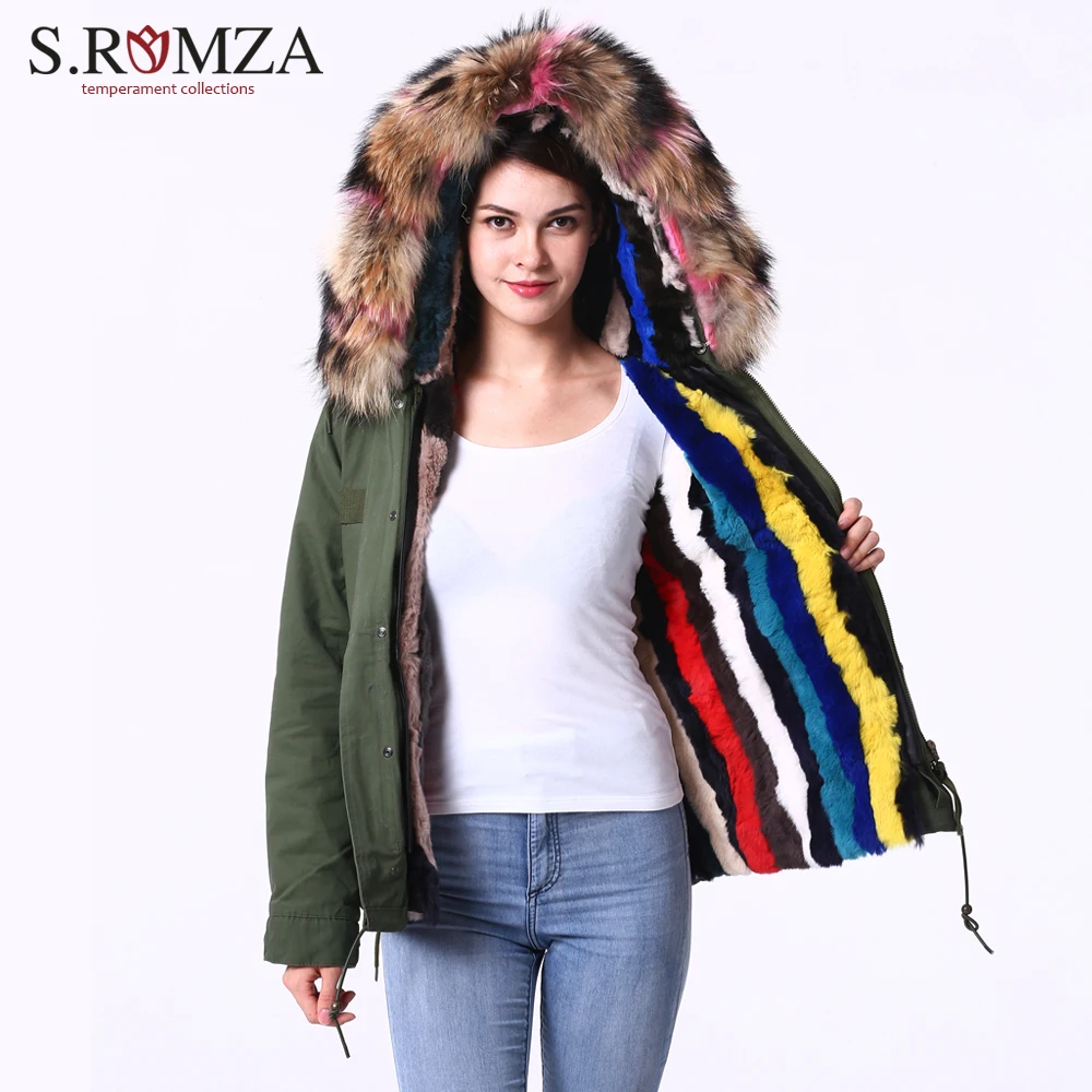 S.ROMZA Womens Raccoon Fur Collar Hooded Coat Faux Fur Liner Parka Winter Short Coat