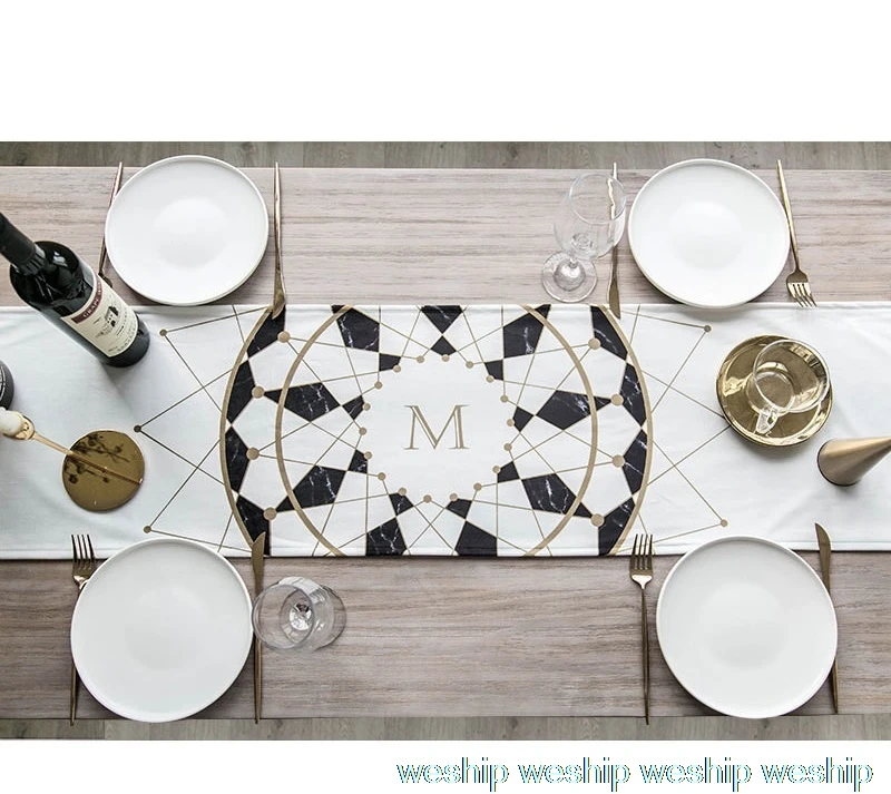 

Fashion Home Nordic style white blue letter "M"geometry pattern cotton table runner Table flag and Placemat table cover