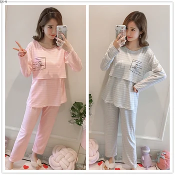 

Sleepwear for Women 2019 Autumn Pregnant Pajamas Set Lovely Stripe Breastfeeding Clothing Long Sleeve Homewear Maternity Pijama