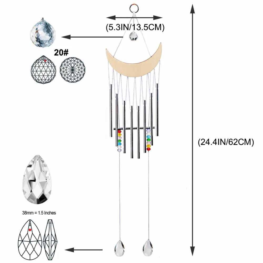 Ручной работы деревянный полумесяц колокольчики с трубками Радужная чакра шар призмы Подвески открытый двор Висячие Ловец снов Декор
