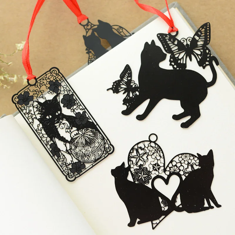 

6 pcs/Lot Black cat bookmarks with red rope Chinese classical metal bookmark Stationery Office School supplies marcapaginas 6927