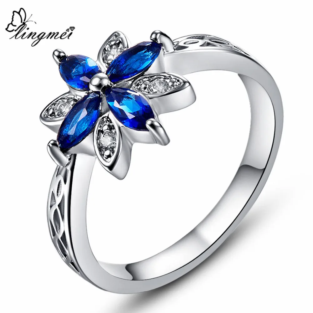 

lingmei Wholesale Beauty Flower Women Wedding Rings Cubic Zirconia Jewelry White Gold Color Ring Size 6 -10